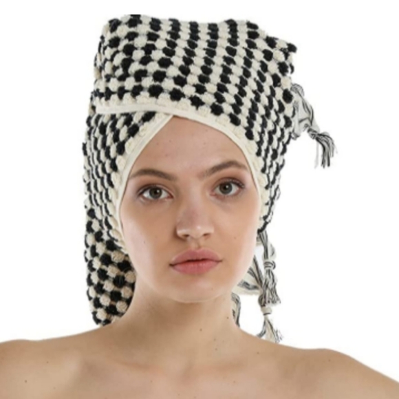 Turkish Cotton Spa Hair Towel Hand Peshtemal Black and White Ivory 36x20 Pom New - Picture 6 of 8